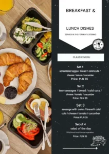 Menu śniadań w apartamentach Blue Sky w Zatorze 1 wersja angielska