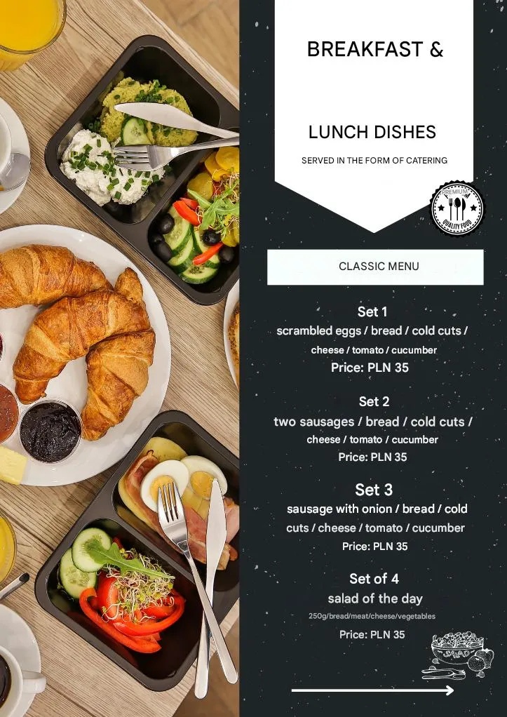 Menu śniadań w apartamentach Blue Sky w Zatorze 1 wersja angielska