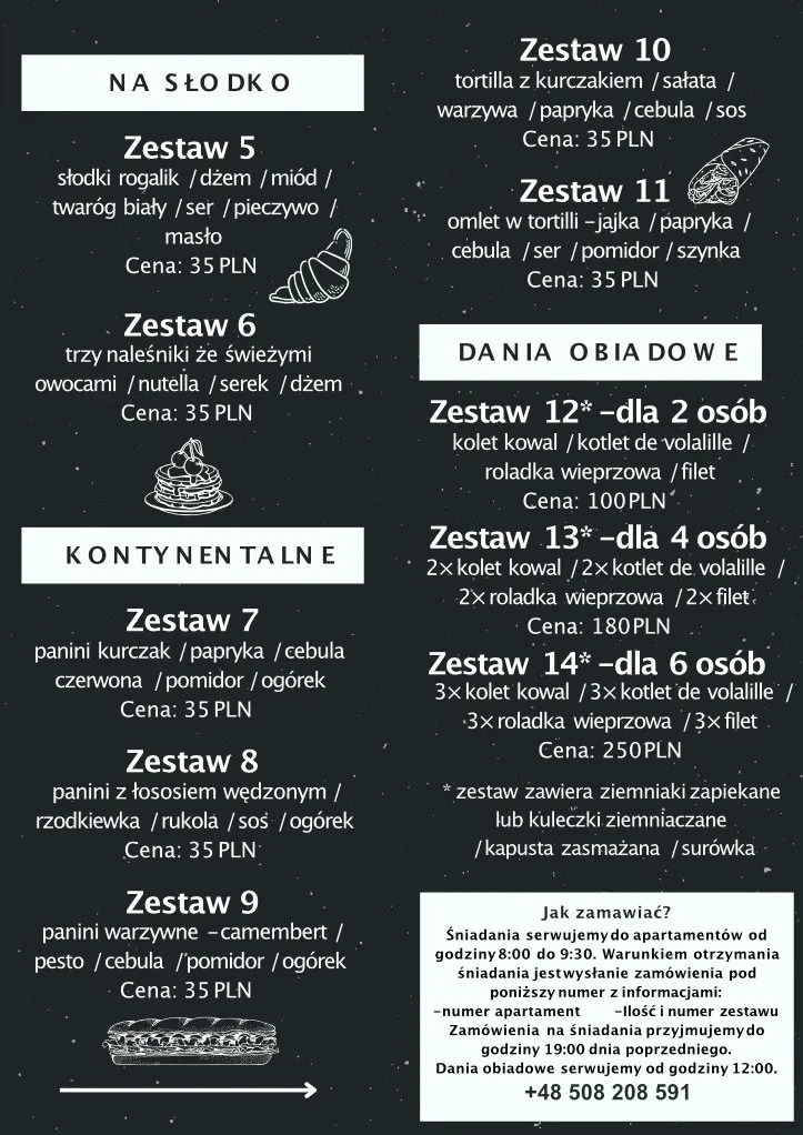 Menu śniadań w apartamentach Blue Sky w Zatorze 2